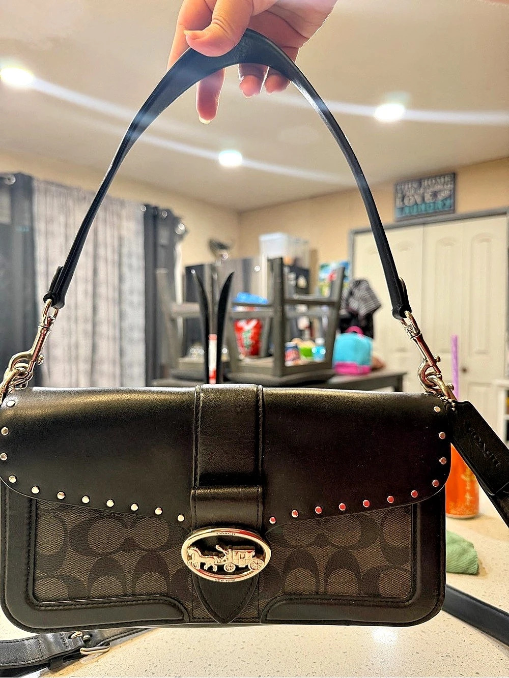Coach Signature Studded Flap Shoulder Bag in Brown & Black